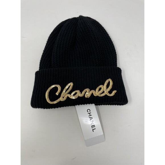 Chanel Black Cashmere Hat 22A Script Gold - Picture 1 of 11
